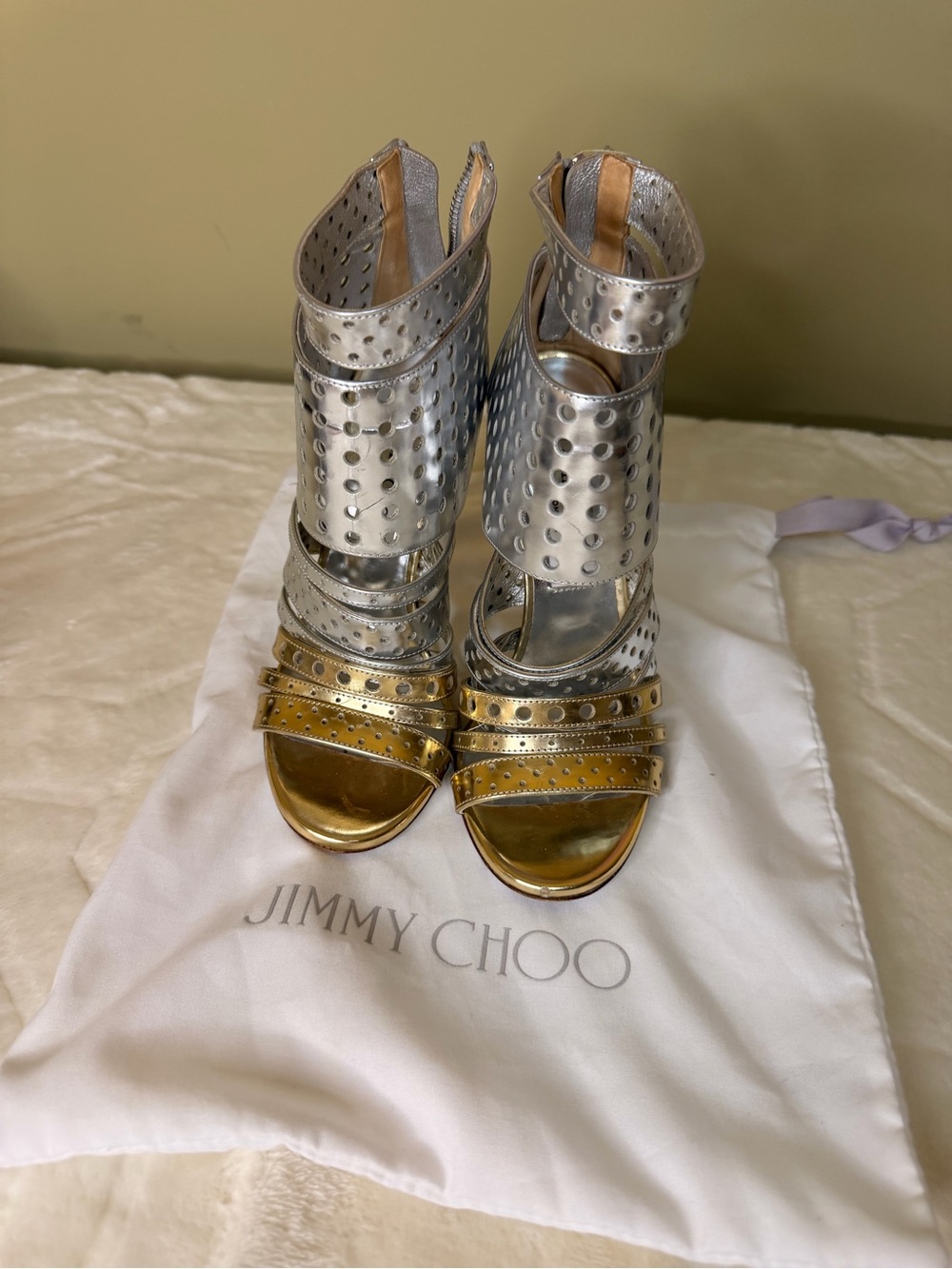 Jimmy Choo Silver and Gold Perforated High-Heel Sandals